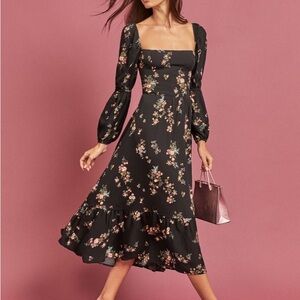 Reformation Mica Floral Midi Dress Square Neck, black with flowers - size 14